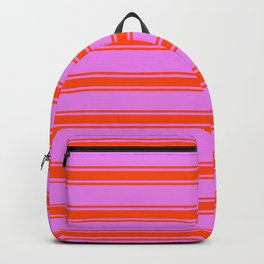 [ Thumbnail: Violet and Red Colored Lined/Striped Pattern Backpack ]