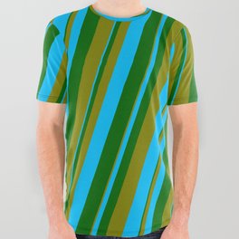 [ Thumbnail: Dark Green, Green, and Deep Sky Blue Colored Lined Pattern All Over Graphic Tee ]