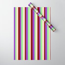 [ Thumbnail: Maroon, Bisque, Light Green, and Dark Orchid Colored Lines Pattern Wrapping Paper ]
