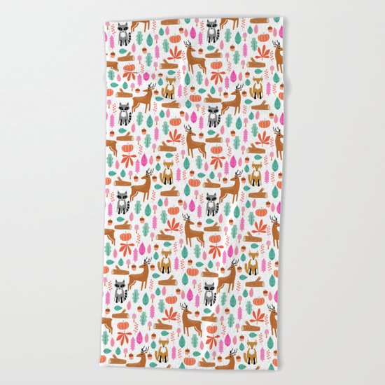 Autumn Fall Deer Raccoon cute kids bedroom forest woodland pattern art Beach Towel
