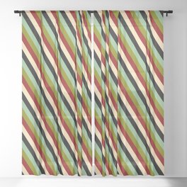 [ Thumbnail: Eyecatching Dark Sea Green, Green, Dark Red, Beige, and Black Colored Pattern of Stripes Sheer Curtain ]