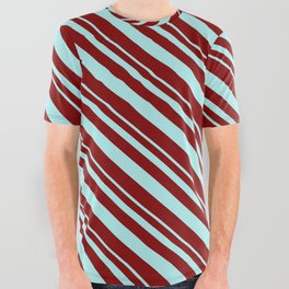 [ Thumbnail: Turquoise & Maroon Colored Striped Pattern All Over Graphic Tee ]