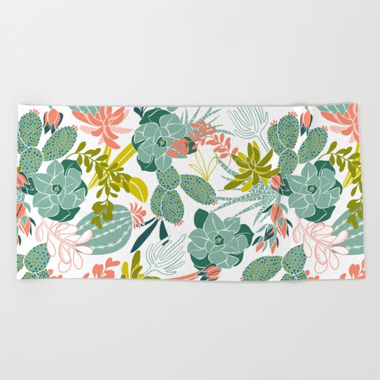 Succulent Garden White Beach Towel