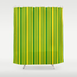 [ Thumbnail: Yellow & Forest Green Colored Pattern of Stripes Shower Curtain ]