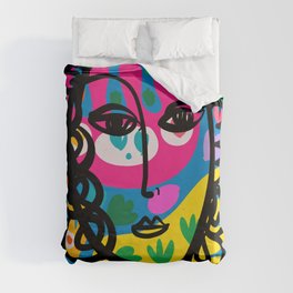 Line Art Portrait of a French Girl with Abstract Flowers  Duvet Cover