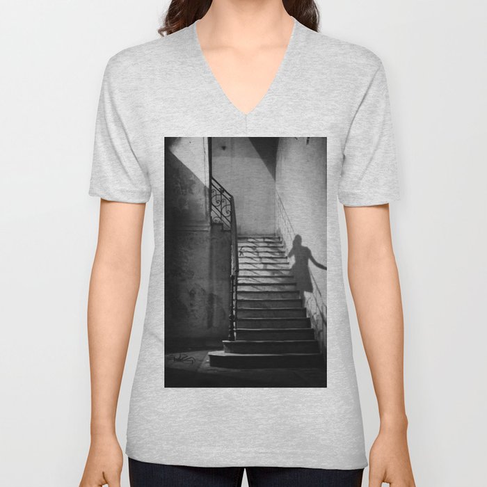 Ghosts and shadows of Paris lonely female shadow figure walking up stairs black and white photograph, photograhy, photographs V Neck T Shirt