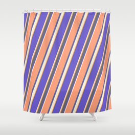 [ Thumbnail: Light Salmon, Dim Grey, Slate Blue, and Beige Colored Lined/Striped Pattern Shower Curtain ]