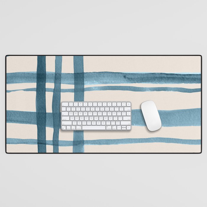 Watercolor Stripes in Blue on Tan Desk Mat