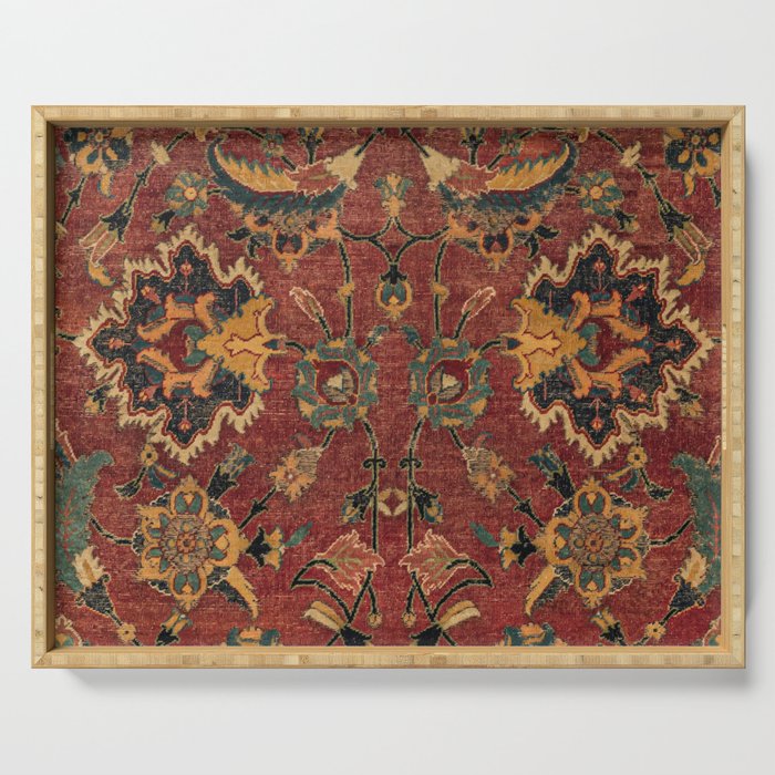 Flowery Boho Rug III // 17th Century Distressed Colorful Red Navy Blue Burlap Tan Ornate Accent Patt Serving Tray