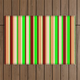 [ Thumbnail: Brown, Bisque, Lime & Maroon Colored Pattern of Stripes Outdoor Rug ]