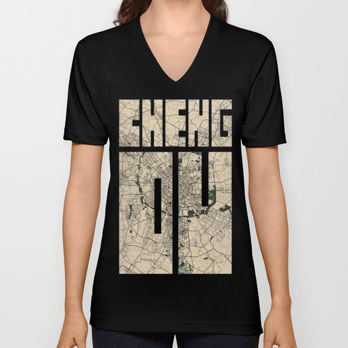 Chengdu City Map of Sichuan, China - Vintage V Neck T Shirt