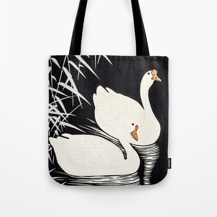 White Chinese Geese Swimming by Reeds by Ohara Koso Tote Bag