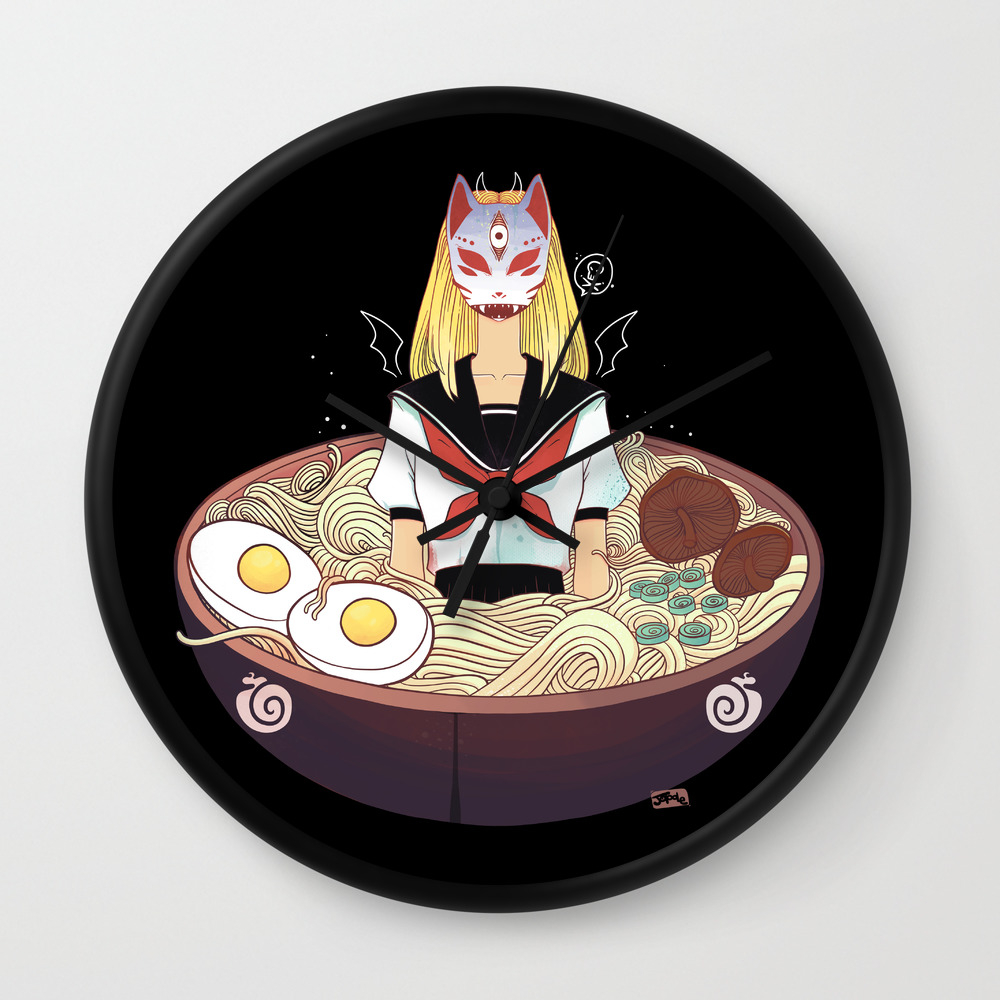Anime School Girl Japanese Fox Kitsune Mask And Ramen Noodles Wall Clock By Cellsdividing Society6