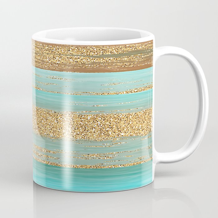 Turquoise Brown Faux Gold Glitter Stripes Pattern Coffee Mug