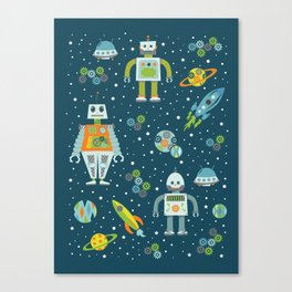Robots in Space - Blue + Green Canvas Print