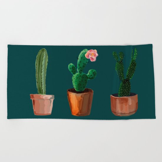 Three Cacti On Green Background Beach Towel