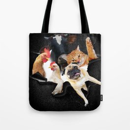 Funny Pug Dog Cat Chicken Cow Poking Head, Cracked Wall Tote Bag | Pug, Head, Cats, Cows, Cow, Pugs, Dogs, Cat, Chickens, Chicken 