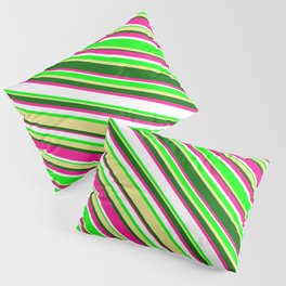 [ Thumbnail: Eye-catching Deep Pink, White, Lime, Tan & Dark Green Colored Lined/Striped Pattern Pillow Sham ]