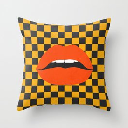 Funky pop-art sexy lips,  black yellow check. Throw Pillow