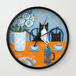 Cats and a French Press Wall Clock | Cat, Curated, Folkart, Frenchpress, Original, Cats, Tuxedocat, Acrylic, Flowers, Blueandorange 