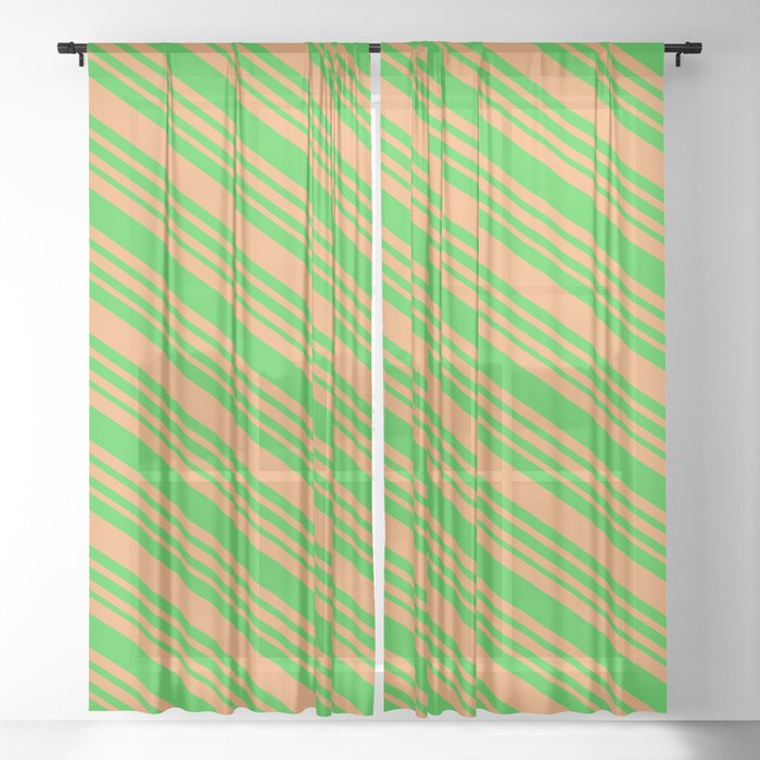 Brown & Lime Green Colored Striped/Lined Pattern Sheer Curtain