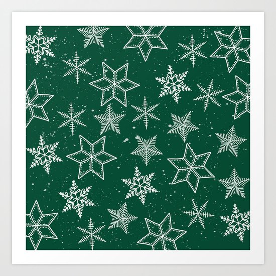 Snowflakes On Green Background Art Print