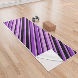 [ Thumbnail: Dark Orchid, Black, and Plum Colored Stripes Pattern Yoga Towel ]