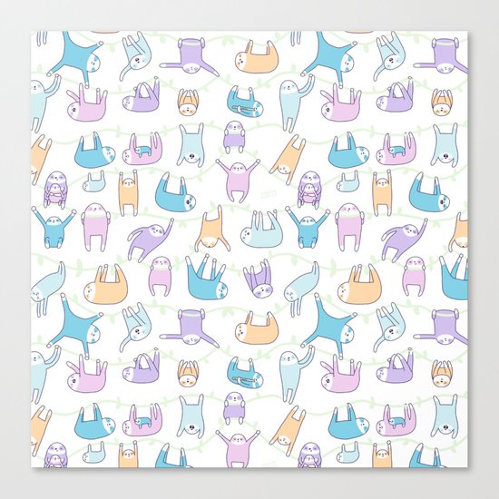 Lazy Sloths Doodle - Pastel and Kawaii Canvas Print