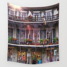 Sunny New Orleans French Quarter Nola Home with Iconic Blue Gray Architecture and Botanical Greenery Wall Tapestry