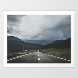 One Way to the Mountain Art Print | Vibe, Calm, Camp, Forest, Road, Rain, Weather, View, Explore, Sky 