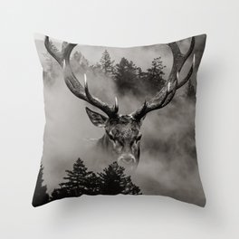 Giant Deer in Foggy Forest Throw Pillow