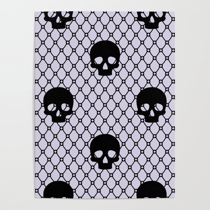 Black skulls Lace Gothic Pattern on Pastel Lilac Poster