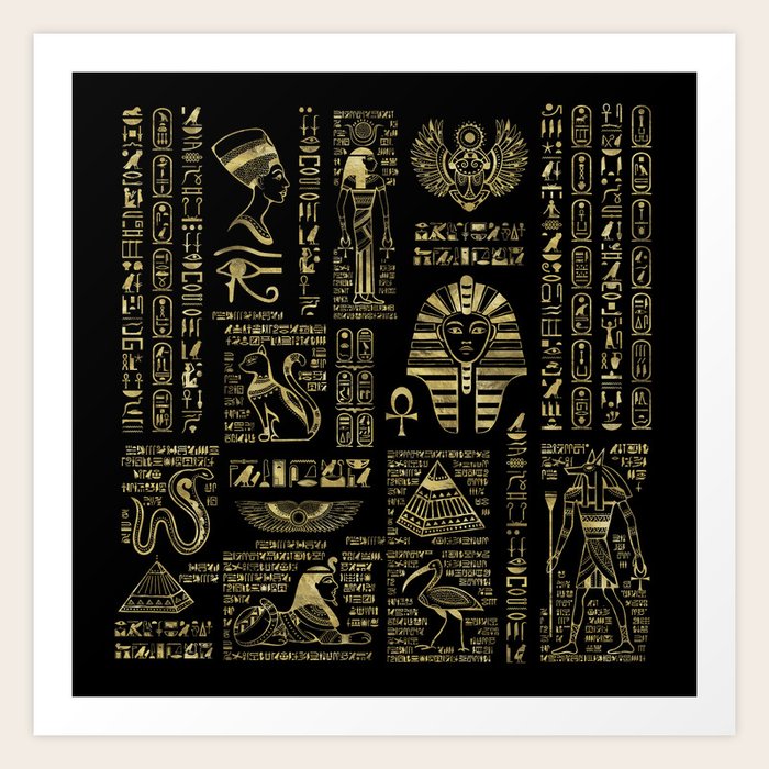 Egyptian hieroglyphs and deities gold on black Art Print by