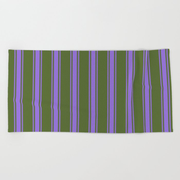 Dark Olive Green and Purple Colored Lines Pattern Beach Towel