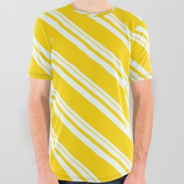 [ Thumbnail: Mint Cream & Yellow Colored Striped Pattern All Over Graphic Tee ]