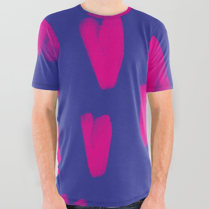 Neon Pink Hearts Hand-Painted over Retro Blue All Over Graphic Tee