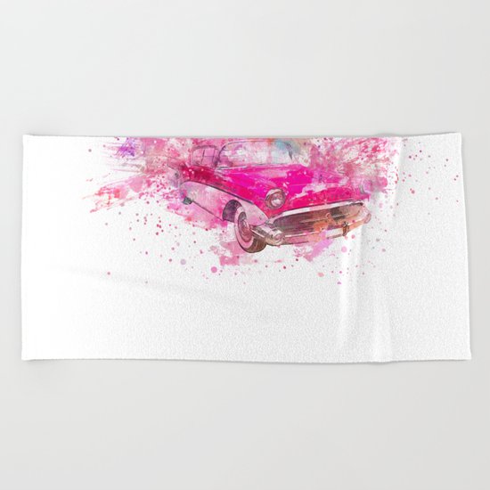 Pink Retro Car mixed media watercolor art Beach Towel
