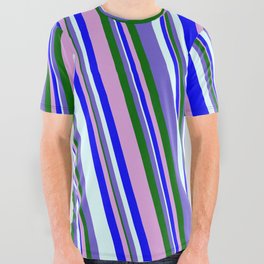 [ Thumbnail: Colorful Plum, Blue, Light Cyan, Slate Blue & Dark Green Colored Striped/Lined Pattern All Over Graphic Tee ]
