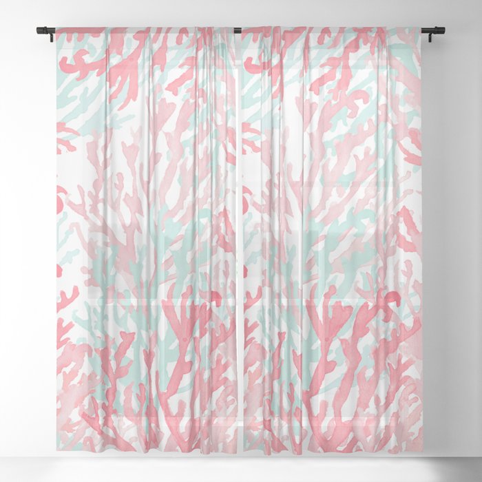 Modern hand painted coral pink teal reef coral floral Sheer Curtain