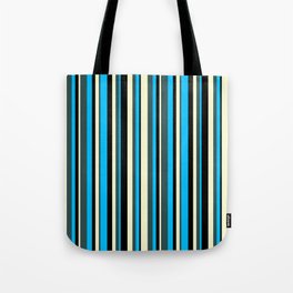 [ Thumbnail: Deep Sky Blue, Dark Slate Gray, Light Yellow & Black Colored Striped/Lined Pattern Tote Bag ]
