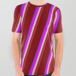 [ Thumbnail: Eye-catching Purple, Fuchsia, Light Grey, Red, and Maroon Colored Striped/Lined Pattern All Over Graphic Tee ]