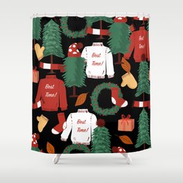 Cute hand drawn Seamless pattern with Christmas trees, presents, gift, sweaters and christmas elements vintageon black background color. Shower Curtain