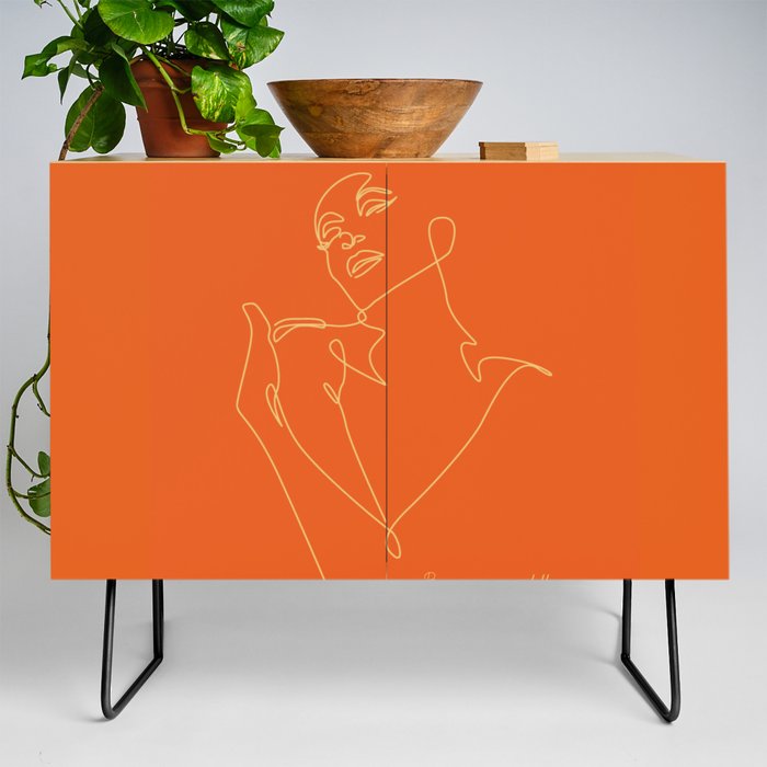 Abstract portrait line drawing of a woman's sweetness - orange tiger Credenza
