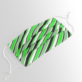 [ Thumbnail: Dark Sea Green, Lime, White, and Black Colored Stripes/Lines Pattern Face Mask ]