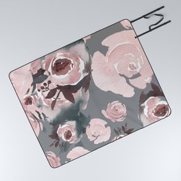 Pink Roses Grey Floral Picnic Blanket