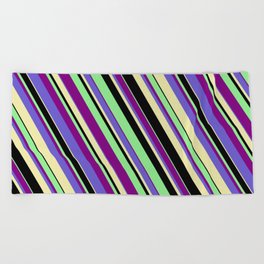 [ Thumbnail: Light Green, Purple, Slate Blue, Pale Goldenrod, and Black Colored Lines/Stripes Pattern Beach Towel ]