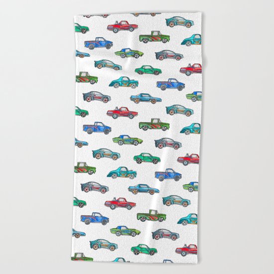 Little Toy Cars in Watercolor on White Beach Towel