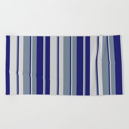 [ Thumbnail: Light Slate Gray, Midnight Blue, and Light Gray Colored Lines Pattern Beach Towel ]