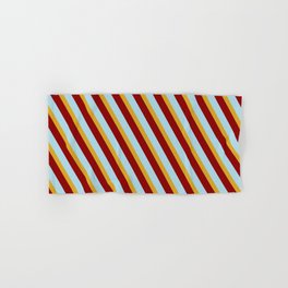 [ Thumbnail: Dark Red, Light Blue, and Goldenrod Colored Lined/Striped Pattern Hand & Bath Towel ]