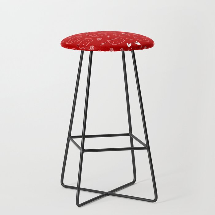 Red and White Doodle Kitten Faces Pattern Bar Stool